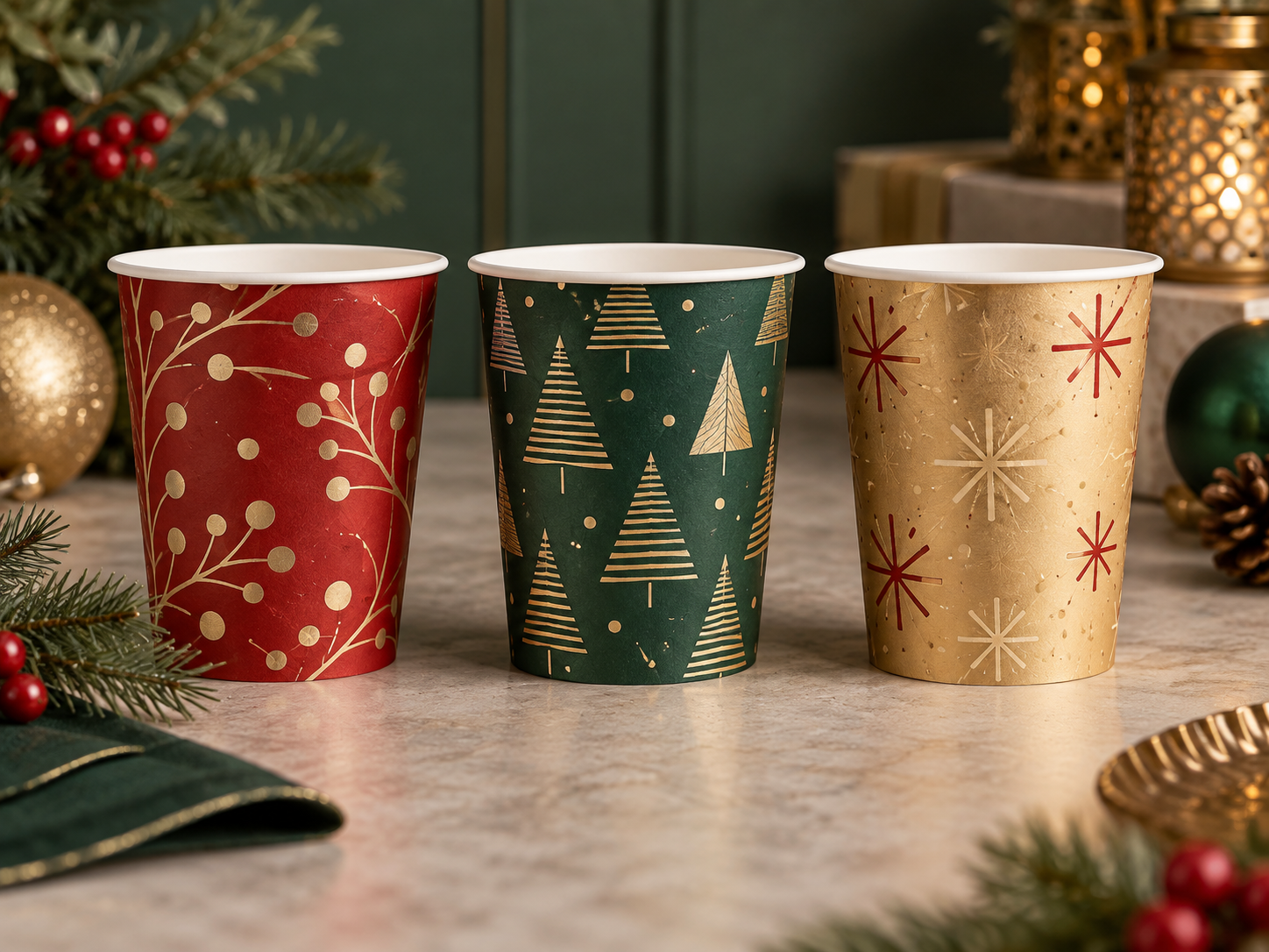 Red green gold cups